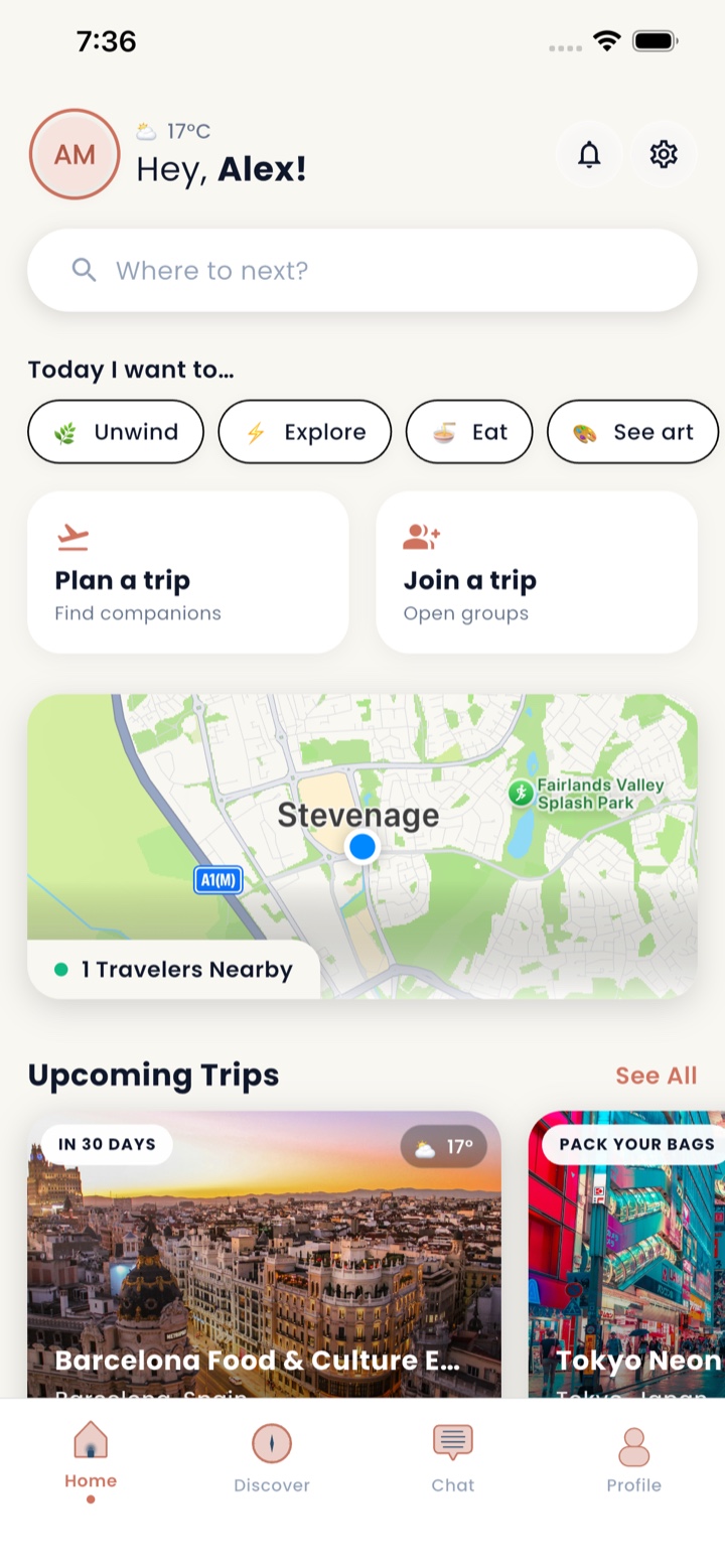 Wanderio home screen showing trip planning, nearby travelers, and upcoming trips