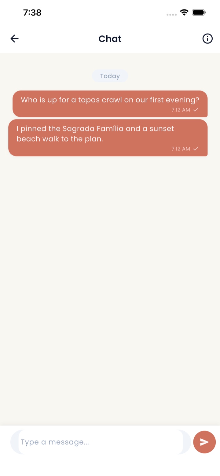 Wanderio automatic group chat for a shared Barcelona trip