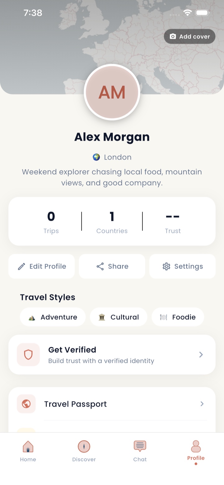 Wanderio traveler profile with travel styles and identity verification