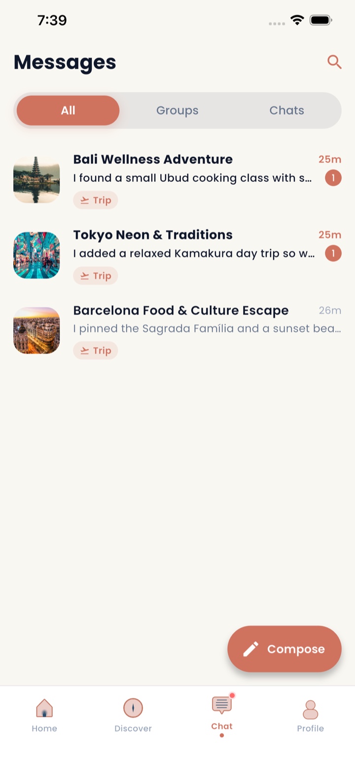 Wanderio messages screen with trip and traveler conversations